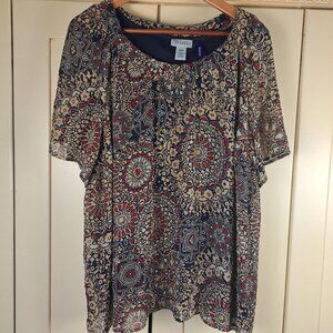 Maggie Barnes for Catherine's Navy Tan Boho Floral Semi Sheer Short Sleeve Top S